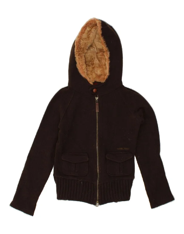 WOOLRICH Womens Hooded Cardigan Sweater UK 6 XS Brown Wool Mesh Fabric Canvas Fabric Denim Fabric WOOLRICH Womens Hooded Cardigan Sweater UK 6 XS Brown Wool Mesh Fabric Canvas Fabric Denim Fabric